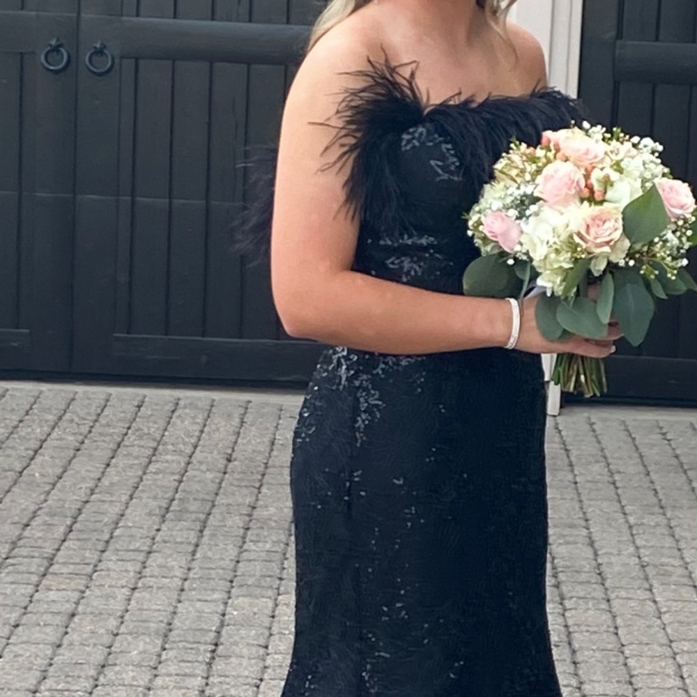 Black Sherri Hill, formal dress with feather accent - Picture 1 of 4